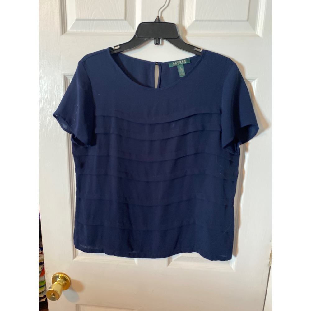 Lauren Ralph Lauren Navy Blue Tiered Chiffon Short Sleeve Blouse Top Large L